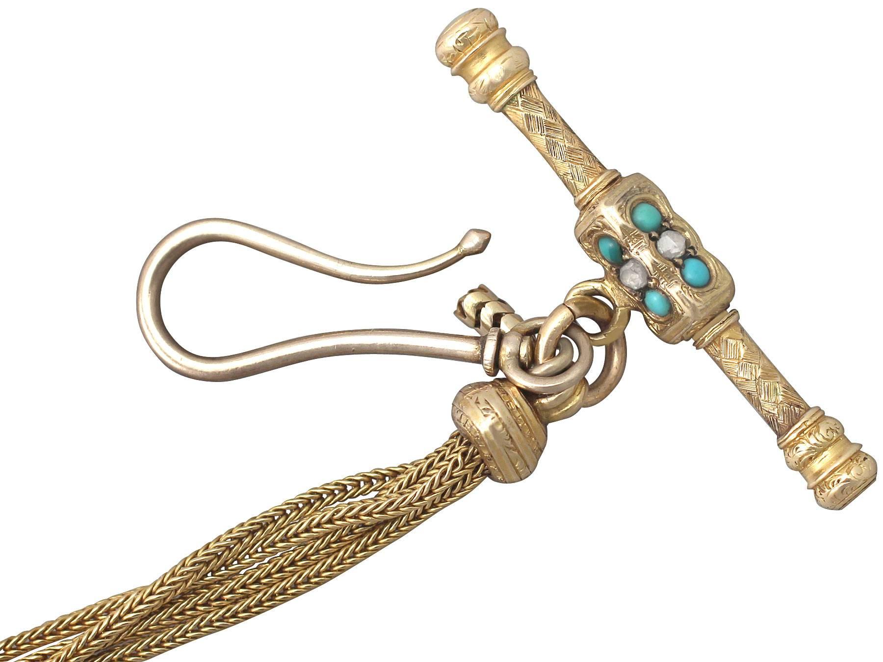 0.52Ct Diamond & Turquoise, 18k Yellow Gold Lorgnette/Watch Chain - Antique In Excellent Condition In Jesmond, Newcastle Upon Tyne