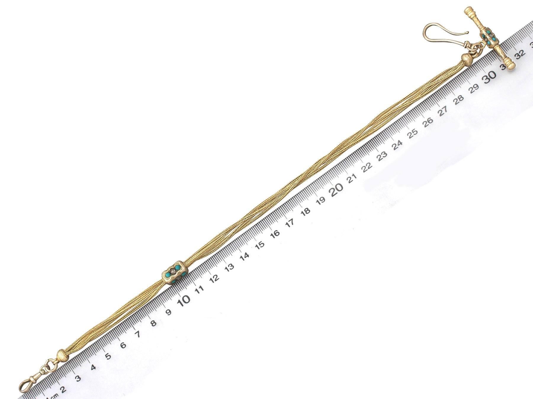 0.52Ct Diamond & Turquoise, 18k Yellow Gold Lorgnette/Watch Chain - Antique 3