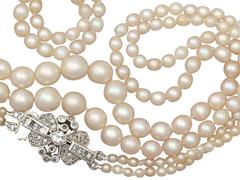 Double Strand Pearl Necklace with 0.55Ct Diamond, White Gold Clasp - Antique