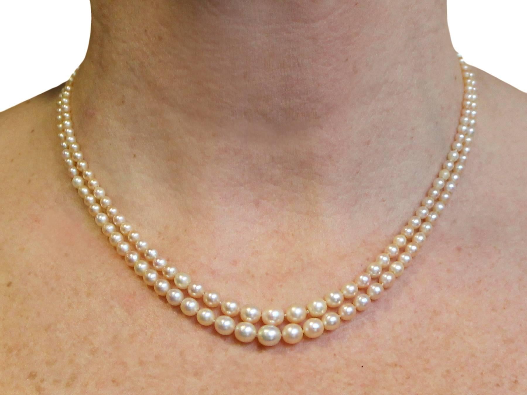 Women's Double Strand Pearl Necklace with 0.55Ct Diamond, White Gold Clasp - Antique