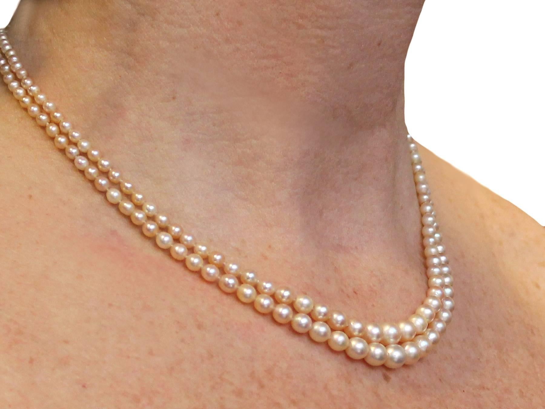 Double Strand Pearl Necklace with 0.55Ct Diamond, White Gold Clasp - Antique 1