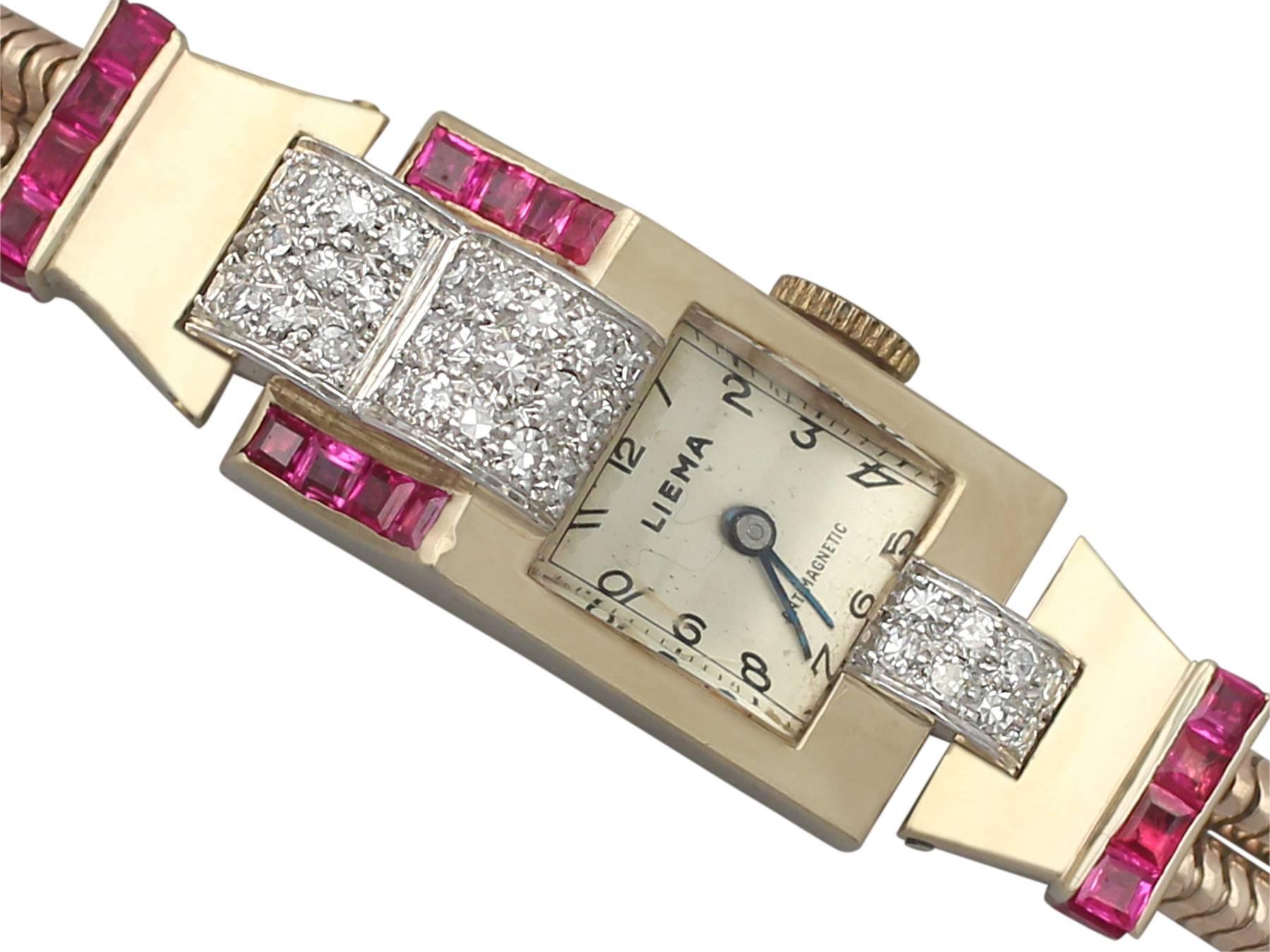 A stunning, fine and impressive vintage 1.11 carat diamond and 0.55 carat natural ruby, 9 carat yellow gold ladies cocktail watch in the Art Deco style; part of our range of antique and vintage wrist watches

This stunning vintage ladies dress