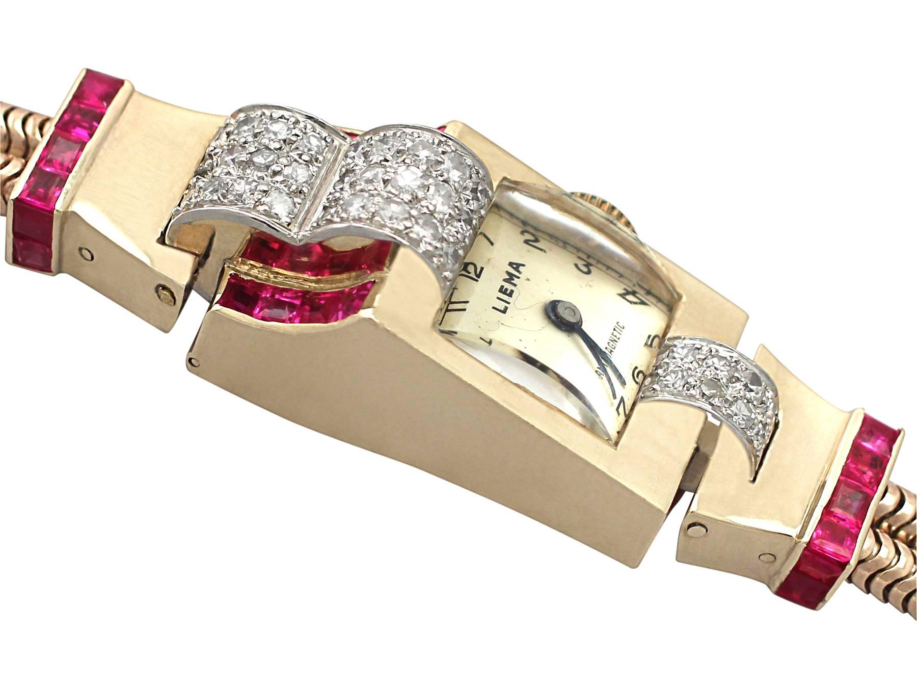 1.11Ct Diamond & 0.55Ct Ruby, 9k Yellow Gold Watch - Art Deco Style - Vintage In Excellent Condition In Jesmond, Newcastle Upon Tyne