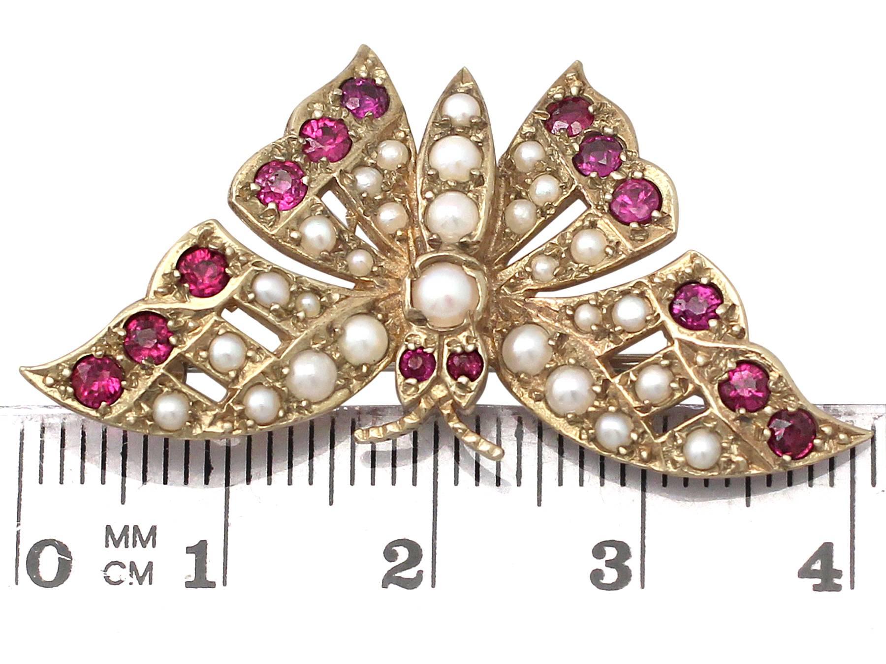 1972 0.82 Carat Ruby Seed Pearl Gold Butterfly Brooch  3
