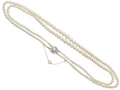 Double Strand Pearl Necklace with 0.45Ct Diamond, 14k Yellow Gold Clasp