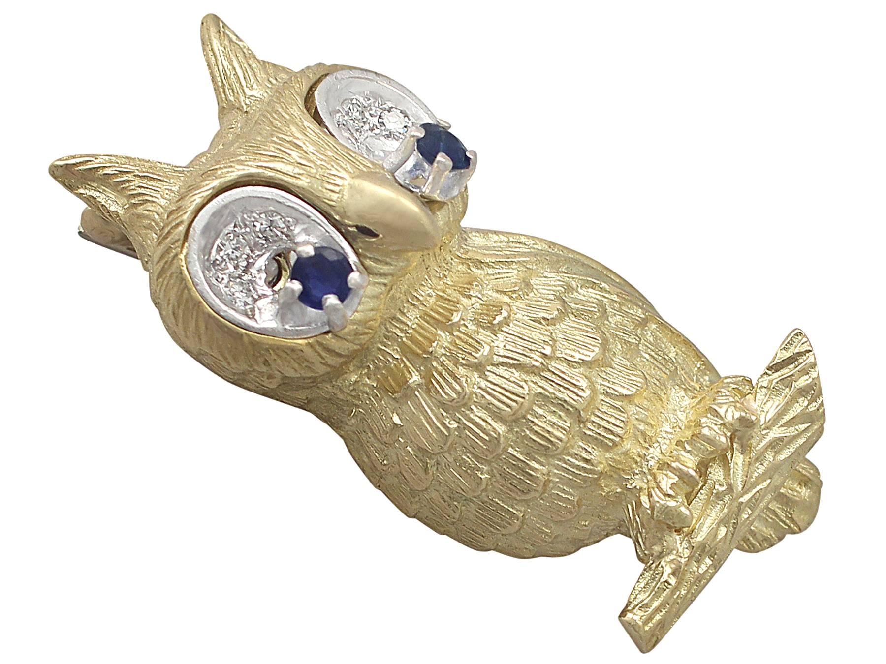  0.15Ct Sapphire & 0.18Ct Diamond, 18k Yellow Gold Owl Brooch - Vintage 1969 In Excellent Condition In Jesmond, Newcastle Upon Tyne