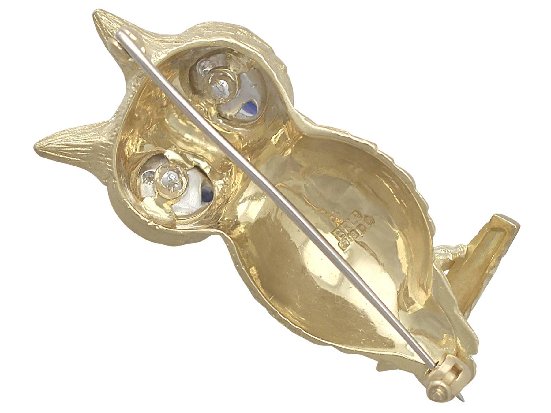 Women's  0.15Ct Sapphire & 0.18Ct Diamond, 18k Yellow Gold Owl Brooch - Vintage 1969