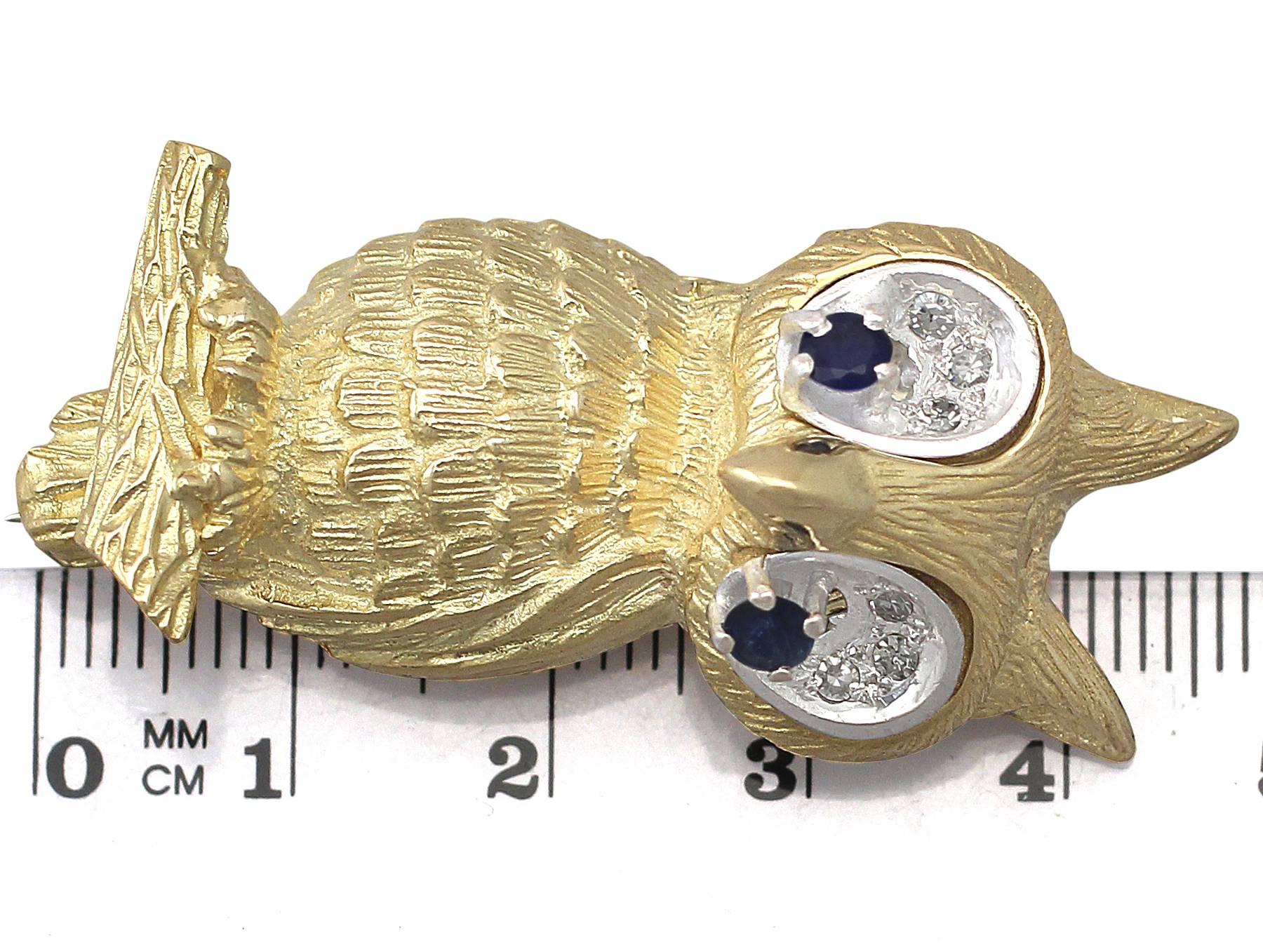  0.15Ct Sapphire & 0.18Ct Diamond, 18k Yellow Gold Owl Brooch - Vintage 1969 3