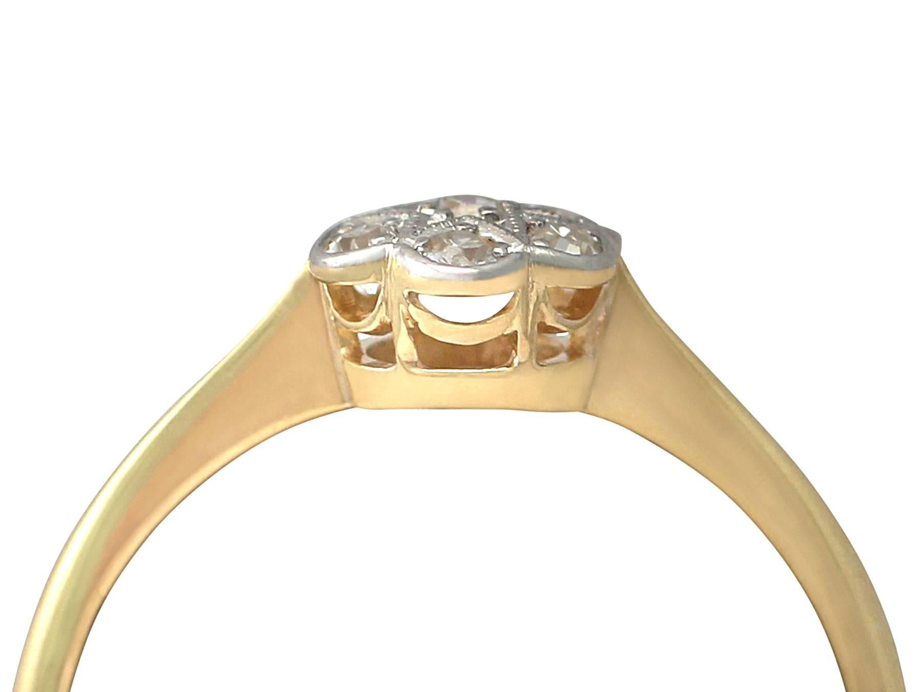 A fine and impressive vintage 0.22 carat diamond cluster ring, in 18 karat yellow gold with a platinum setting; part of our vintage jewelry and estate jewelry collections

This fine and impressive vintage diamond cluster ring has been crafted in 18k