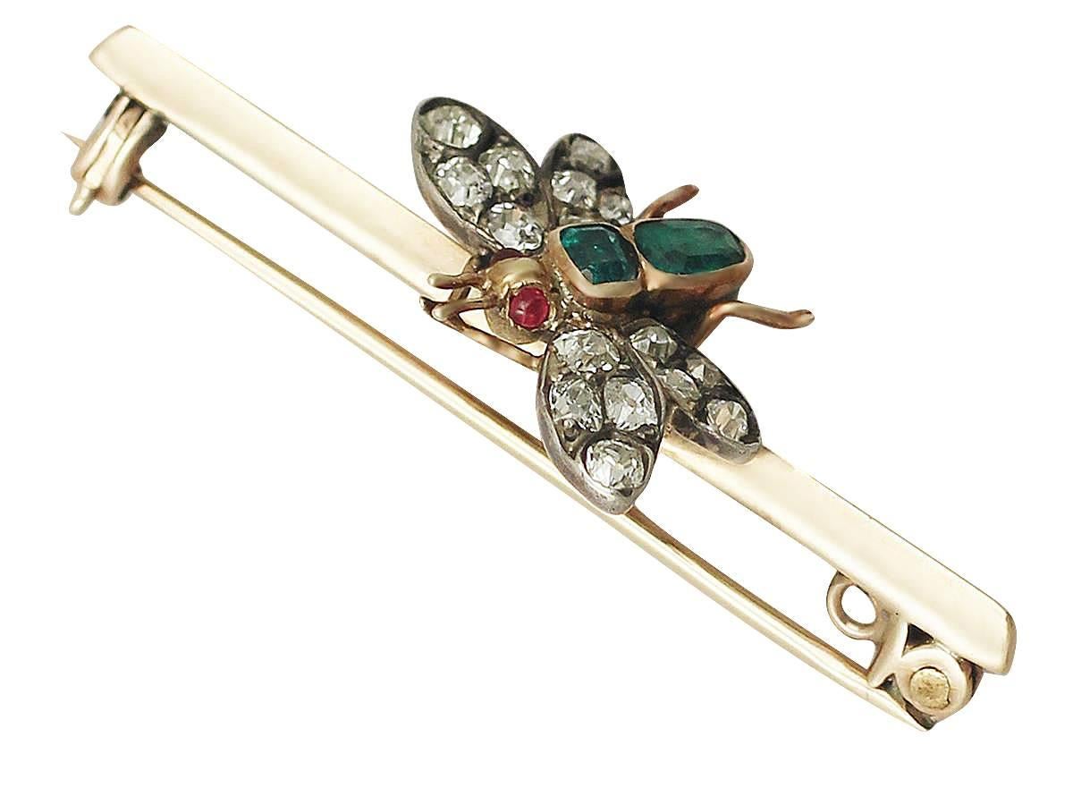 Women's 1.38Ct Diamond & 0.42Ct Emerald, 9k Yellow Gold Insect Brooch - Antique
