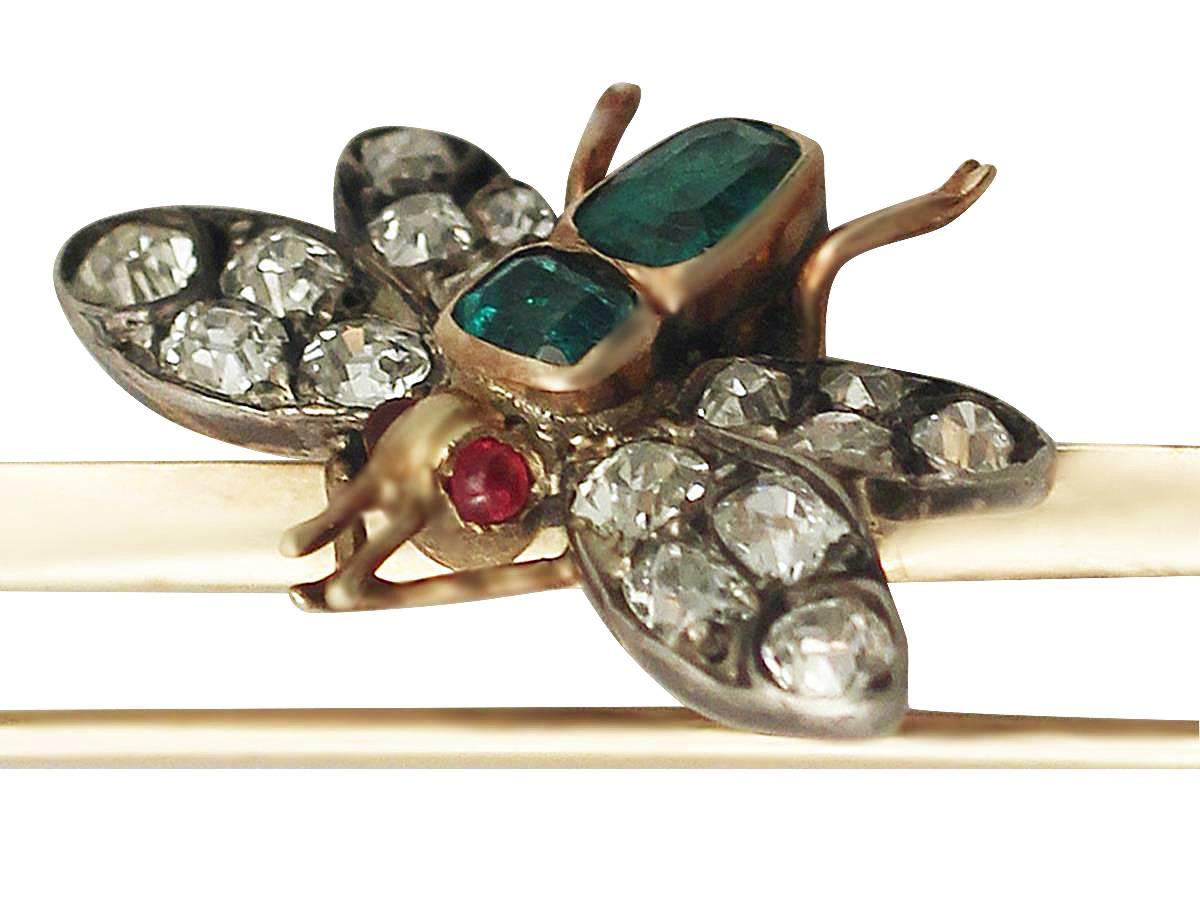 1.38Ct Diamond & 0.42Ct Emerald, 9k Yellow Gold Insect Brooch - Antique 1