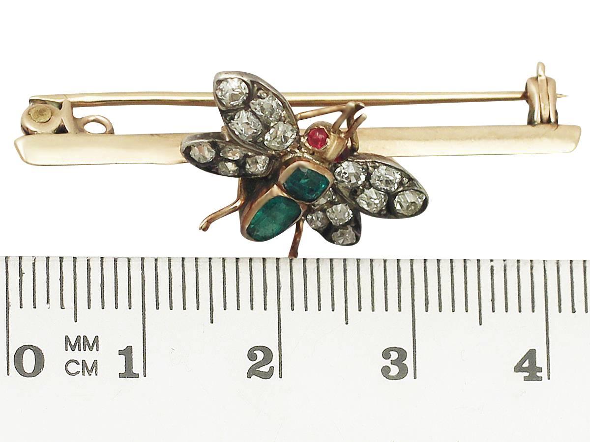 1.38Ct Diamond & 0.42Ct Emerald, 9k Yellow Gold Insect Brooch - Antique 2
