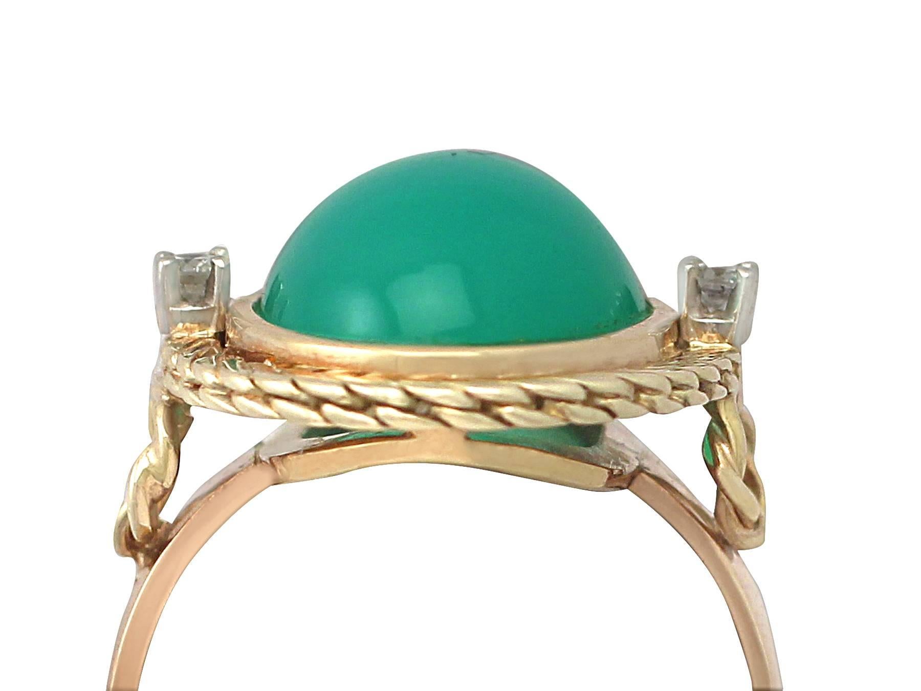 A fine and impressive vintage chrysoprase and 0.08 carat diamond, 14 karat yellow gold and 14 karat white gold set dress ring; part of our vintage jewellery and estate jewelry collections

This fine and impressive vintage chrysoprase ring has been