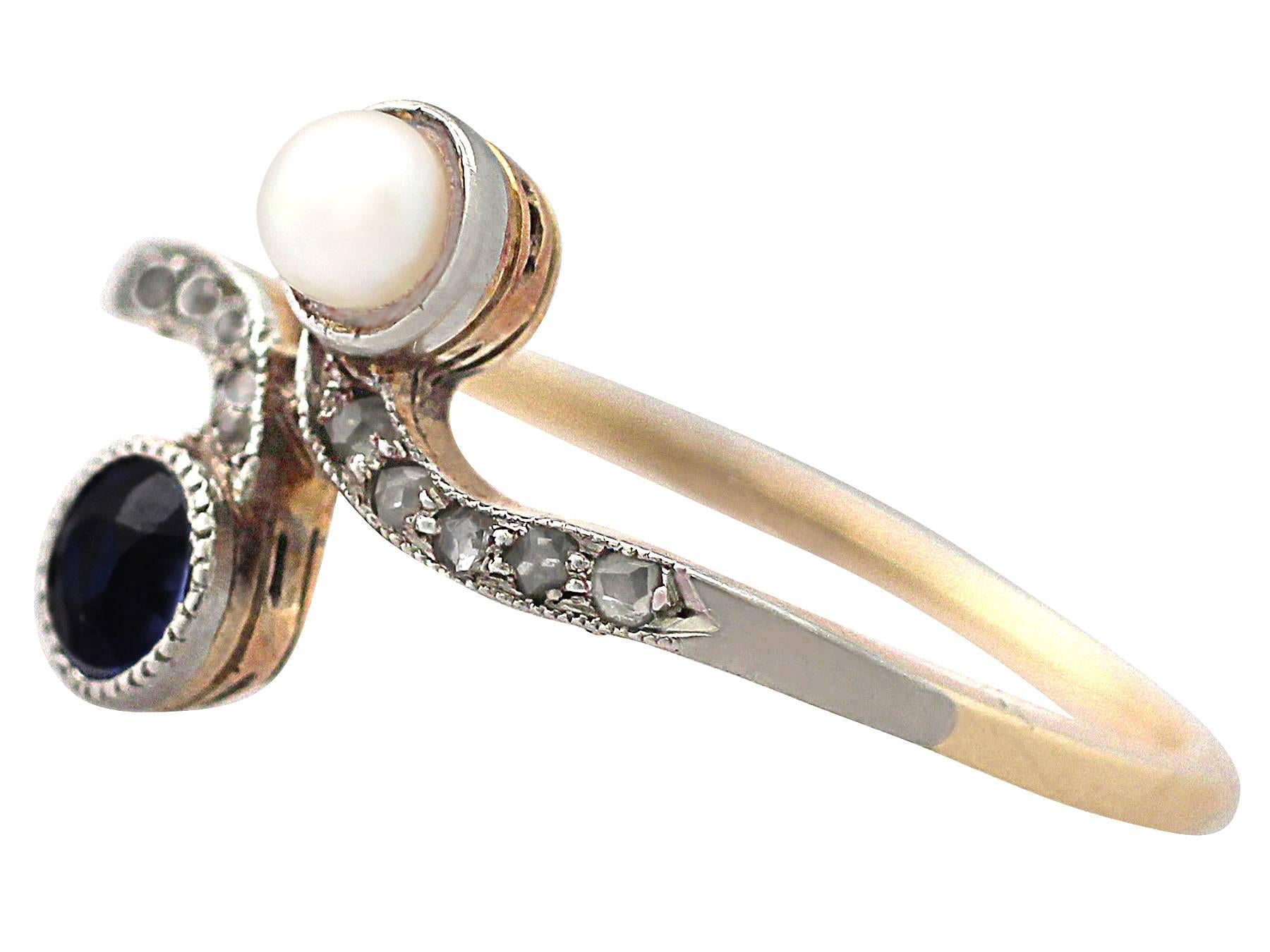 Women's 0.30Ct Sapphire, Pearl, 0.09Ct Diamond & 14k Yellow Gold Twist Ring - Antique
