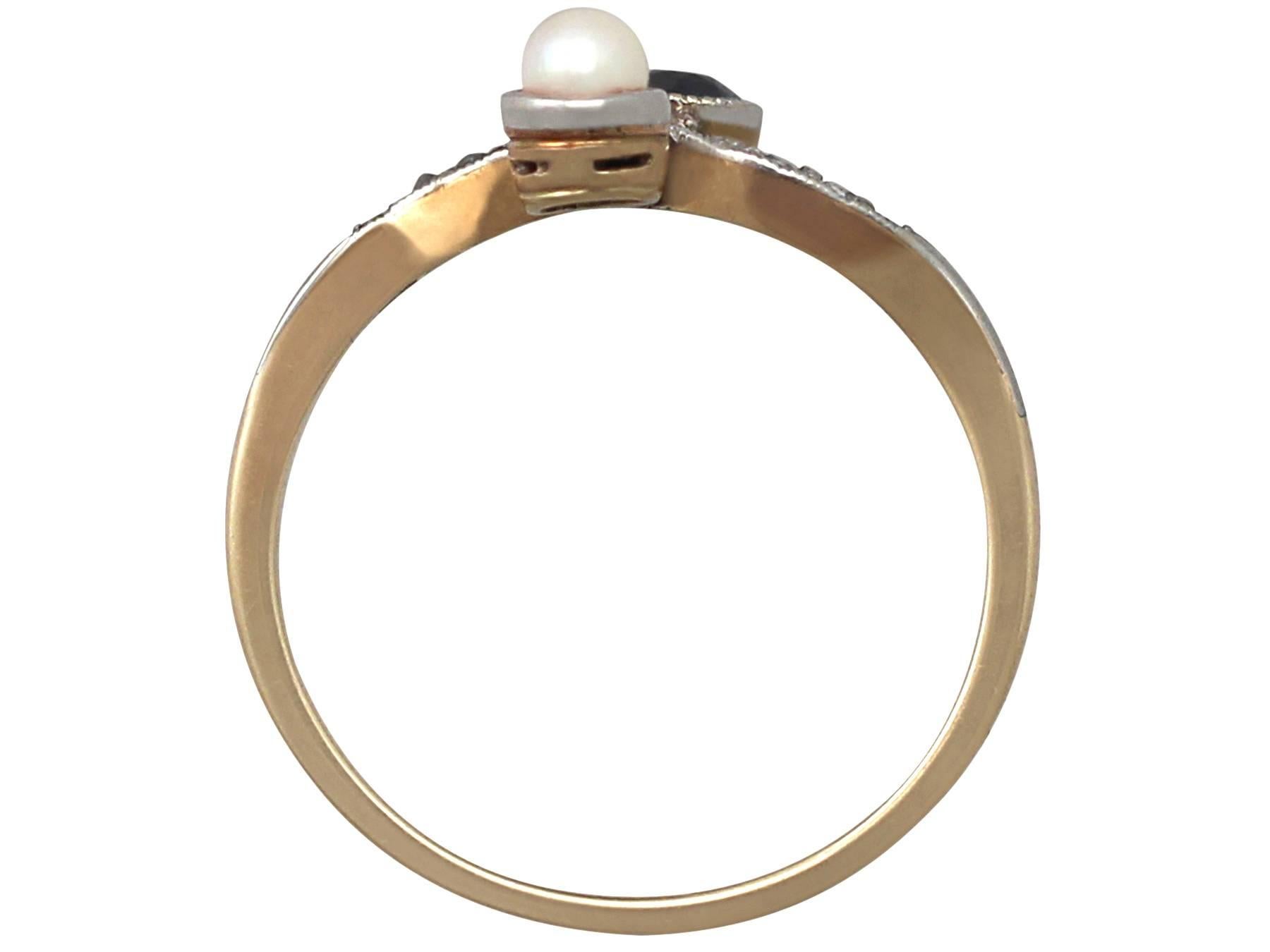 0.30Ct Sapphire, Pearl, 0.09Ct Diamond & 14k Yellow Gold Twist Ring - Antique 1