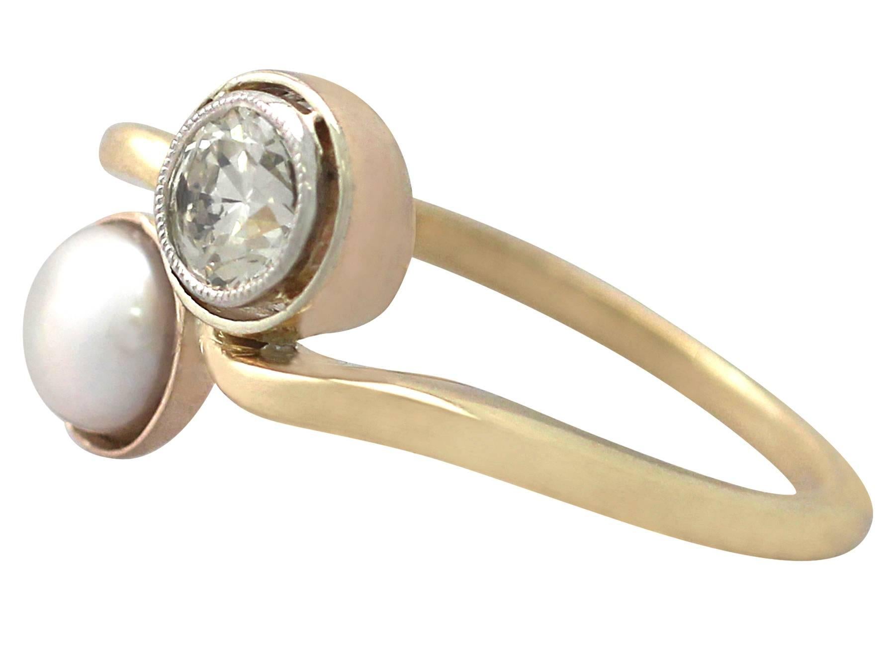 Round Cut 1920s Antique Pearl and Diamond Yellow Gold Twist Ring