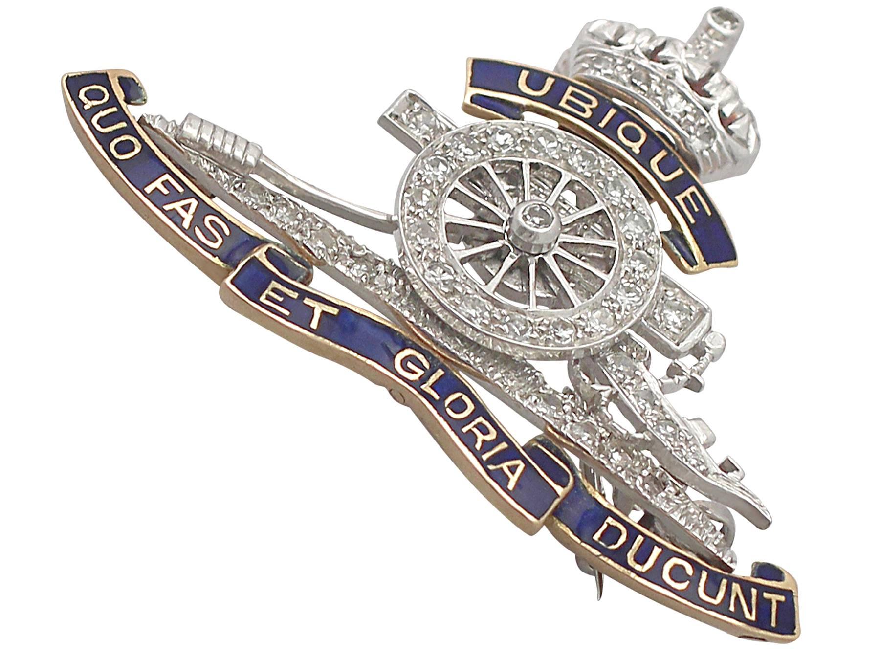 An exceptional and original antique 0.60 carat diamond and enamel, platinum and 18 karat yellow gold, Royal Regiment of Artillery sweetheart brooch; part of our antique jewelry and estate jewelry collections

This exceptional antique Royal