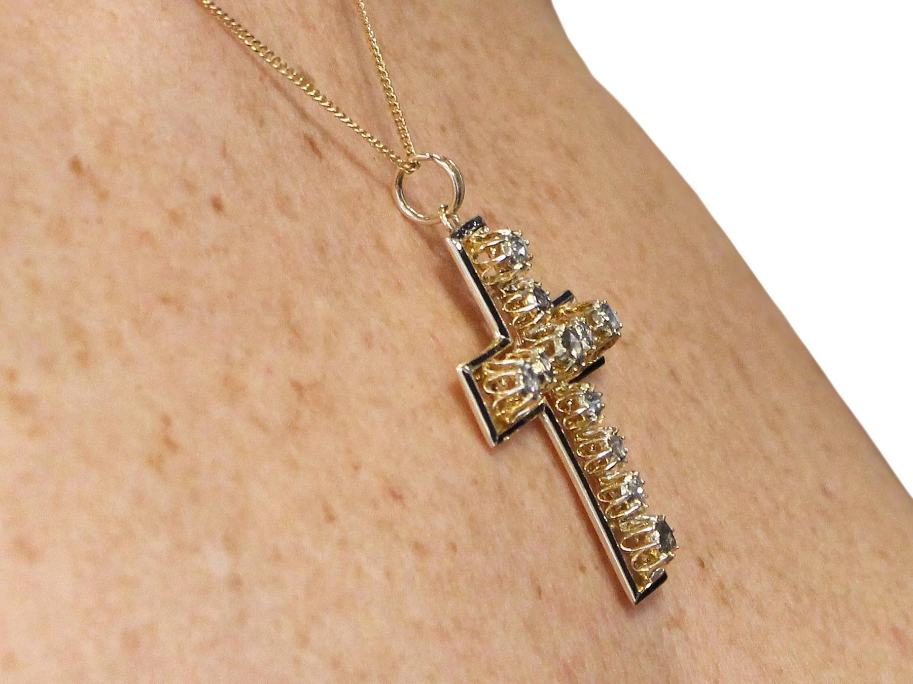 1.42Ct Diamond & Black Enamel, 14k Yellow Gold Cross Pendant - Antique Victorian 2