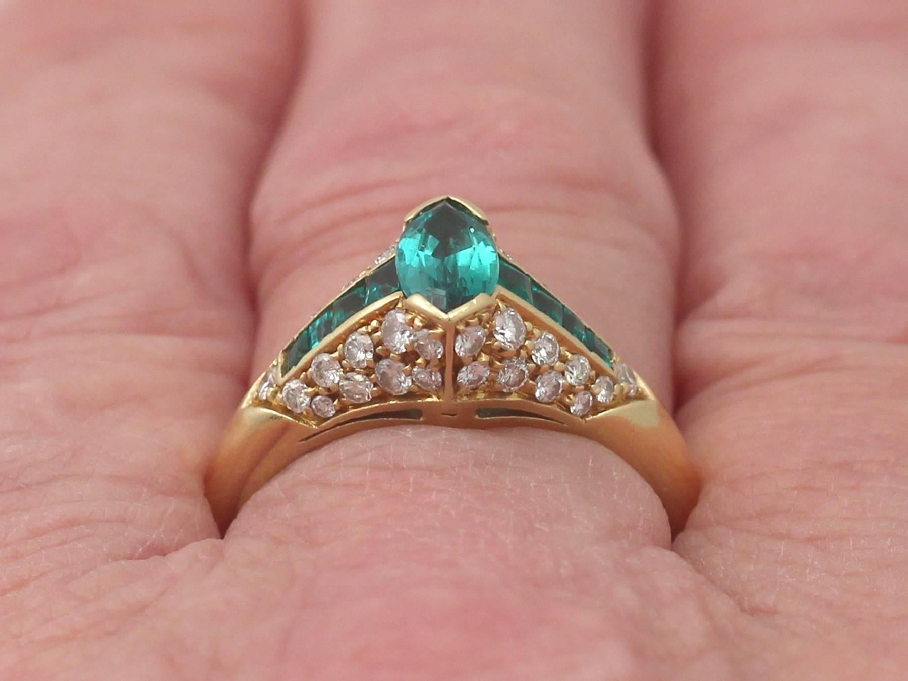 0.75Ct Emerald & 0.59Ct Diamond, 18k Yellow Gold Dress Ring - Vintage Circa 1980 5