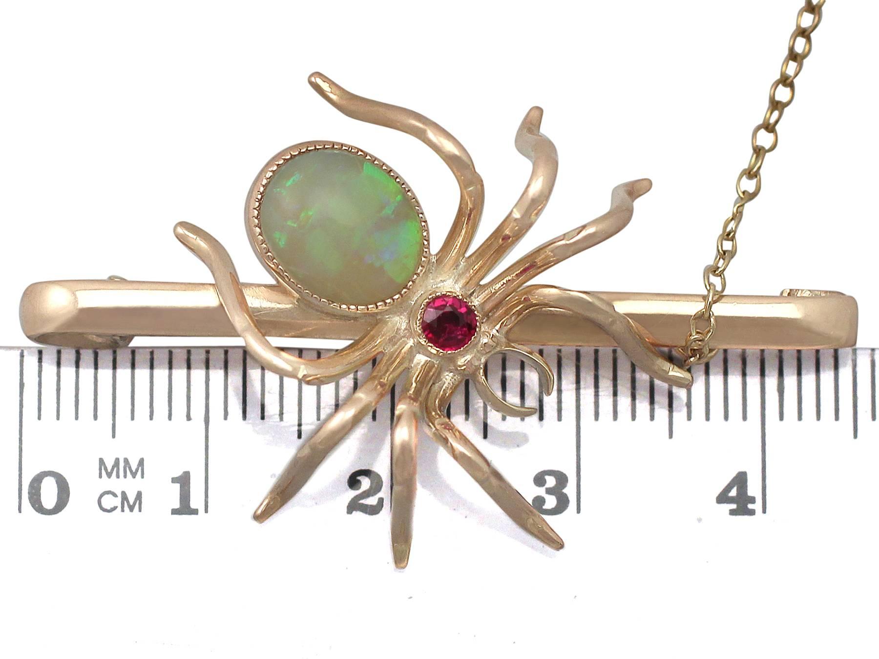 Women's 1.22Ct Opal & 0.10Ct Ruby, 9k Yellow Gold 'Spider' Brooch - Antique Circa 1900
