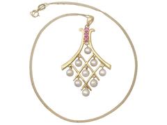 0.15Ct Ruby and Pearl, 18k Yellow Gold Pendant - Vintage Circa 1990
