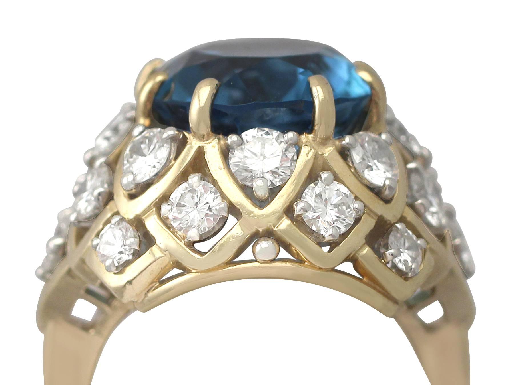 A stunning, fine and impressive 10.73 carat blue topaz and 2.56 carat diamond, 18 karat yellow gold and 18 karat white gold set dress ring; part of our diverse gemstone jewelry collection

This stunning, fine and impressive blue topaz dress ring has