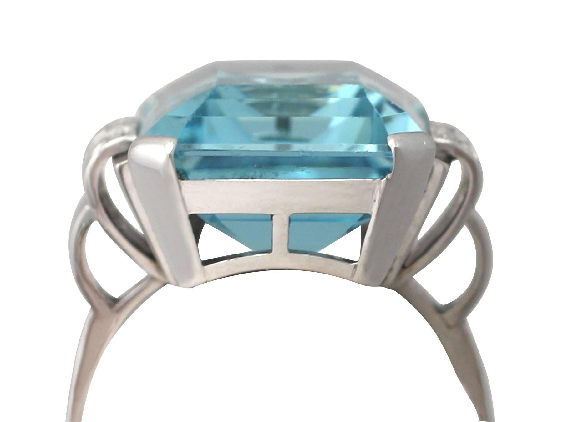 A stunning, fine and impressive 15.23 carat aquamarine and 0.04 carat diamond, 14 karat white gold dress ring in the Art Deco style; part of our jewelry and estate jewelry collections

This stunning, fine and impressive aquamarine ring has been