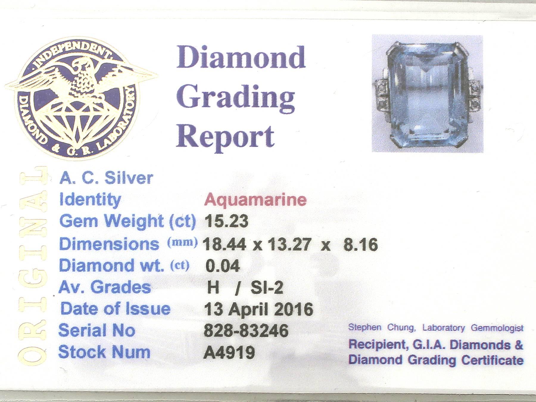 1940s 15.23 Carat Aquamarine Diamond Gold Dress Ring  1