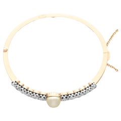 Bracelet jonc ancien en or rose avec perles d'eau salée naturelles et diamants de 2,82 carats 