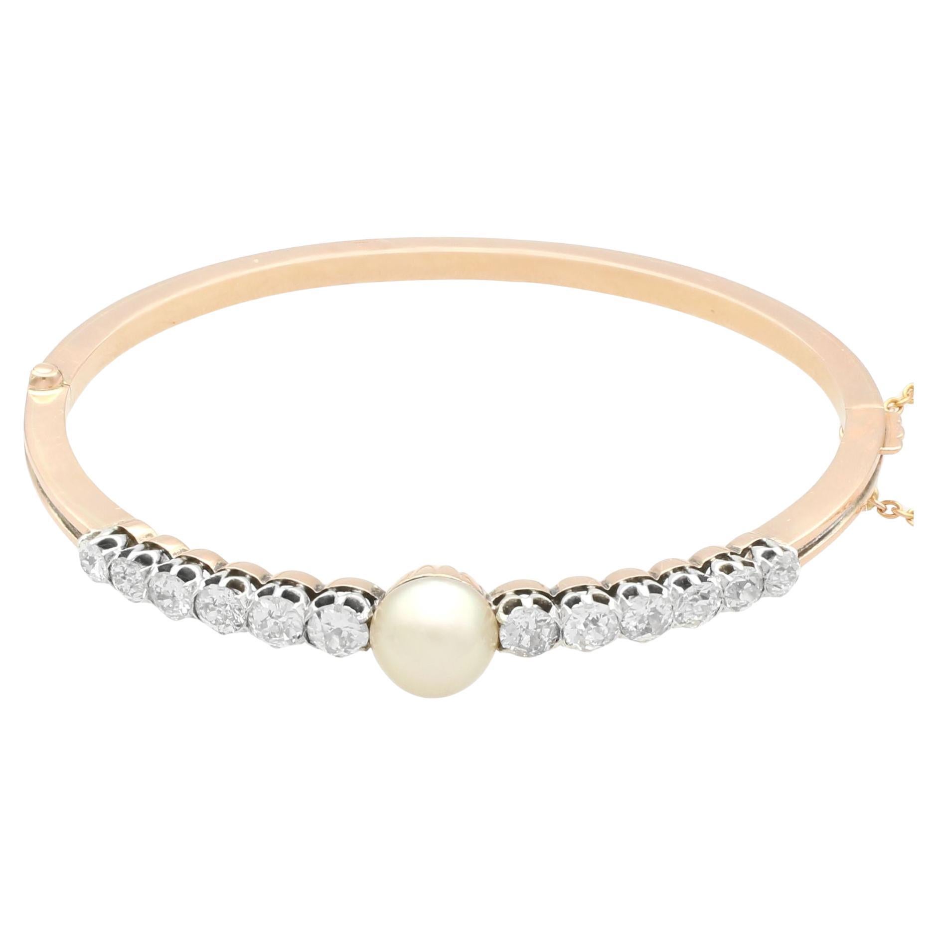 Brazalete antiguo de oro rosa con perla natural de agua salada y diamante de 2,82 quilates