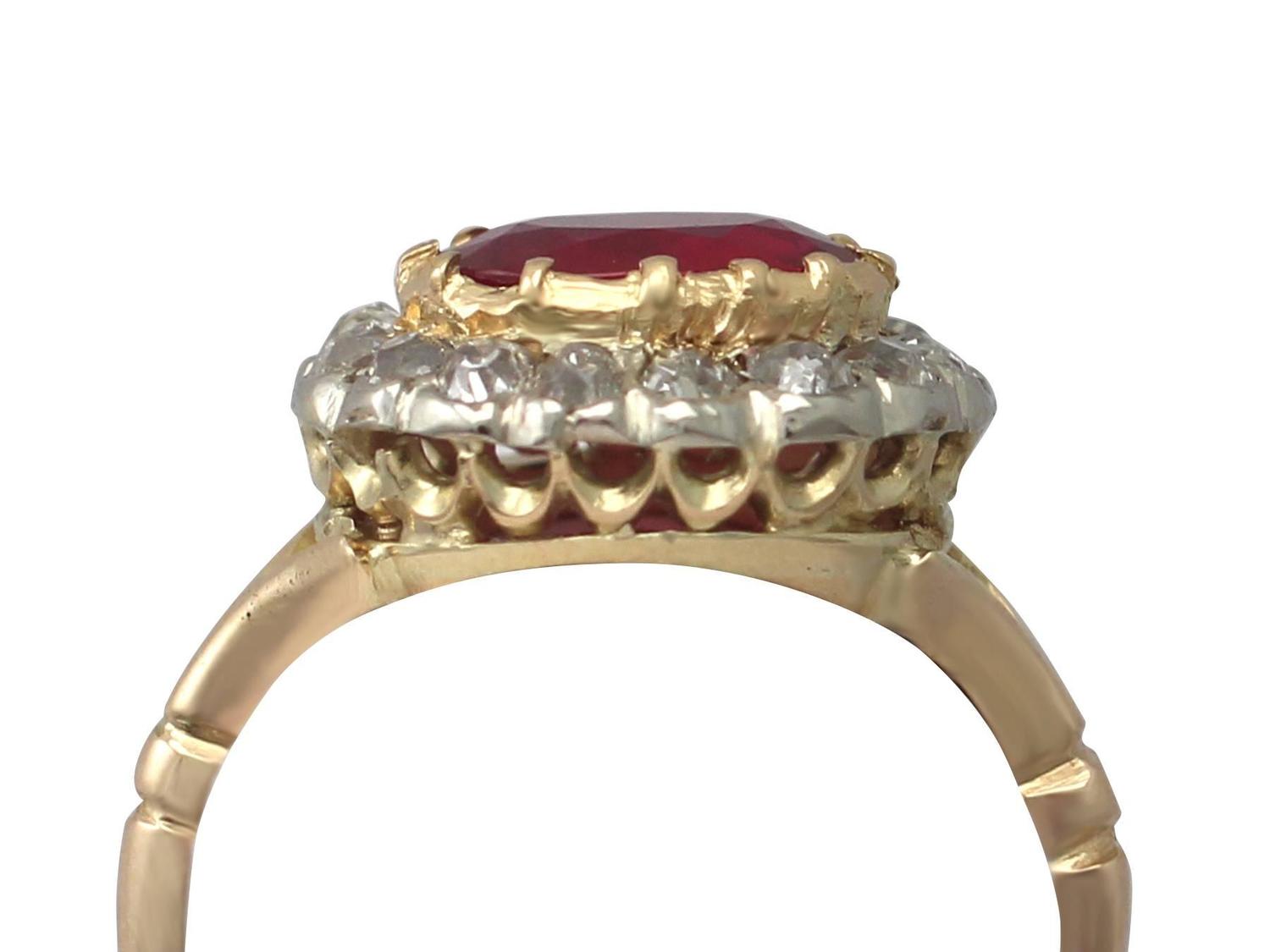 1.50Ct Ruby and 0.60Ct Diamond, 18k Yellow Gold Cluster Ring - Antique