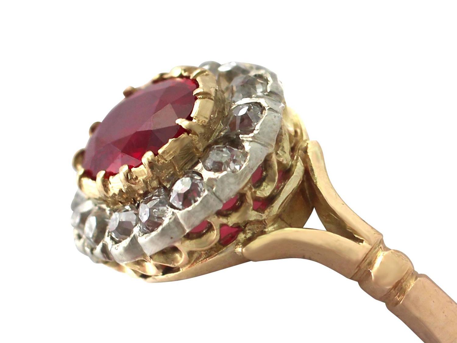 1.50Ct Ruby and 0.60Ct Diamond, 18k Yellow Gold Cluster Ring - Antique