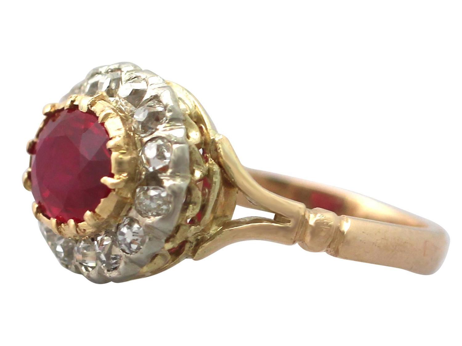 1.50Ct Ruby and 0.60Ct Diamond, 18k Yellow Gold Cluster Ring - Antique