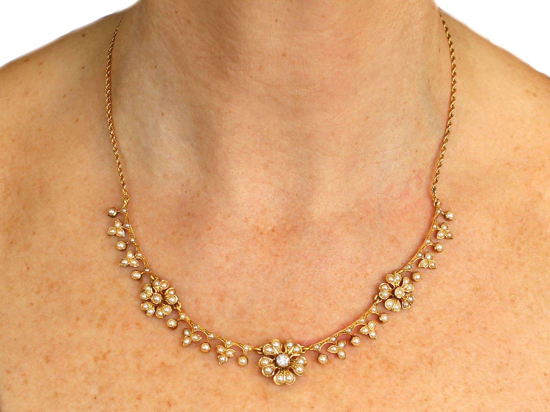 0.32Ct Diamond and Seed Pearl, 15k Yellow Gold Necklace - Antique Victorian 4