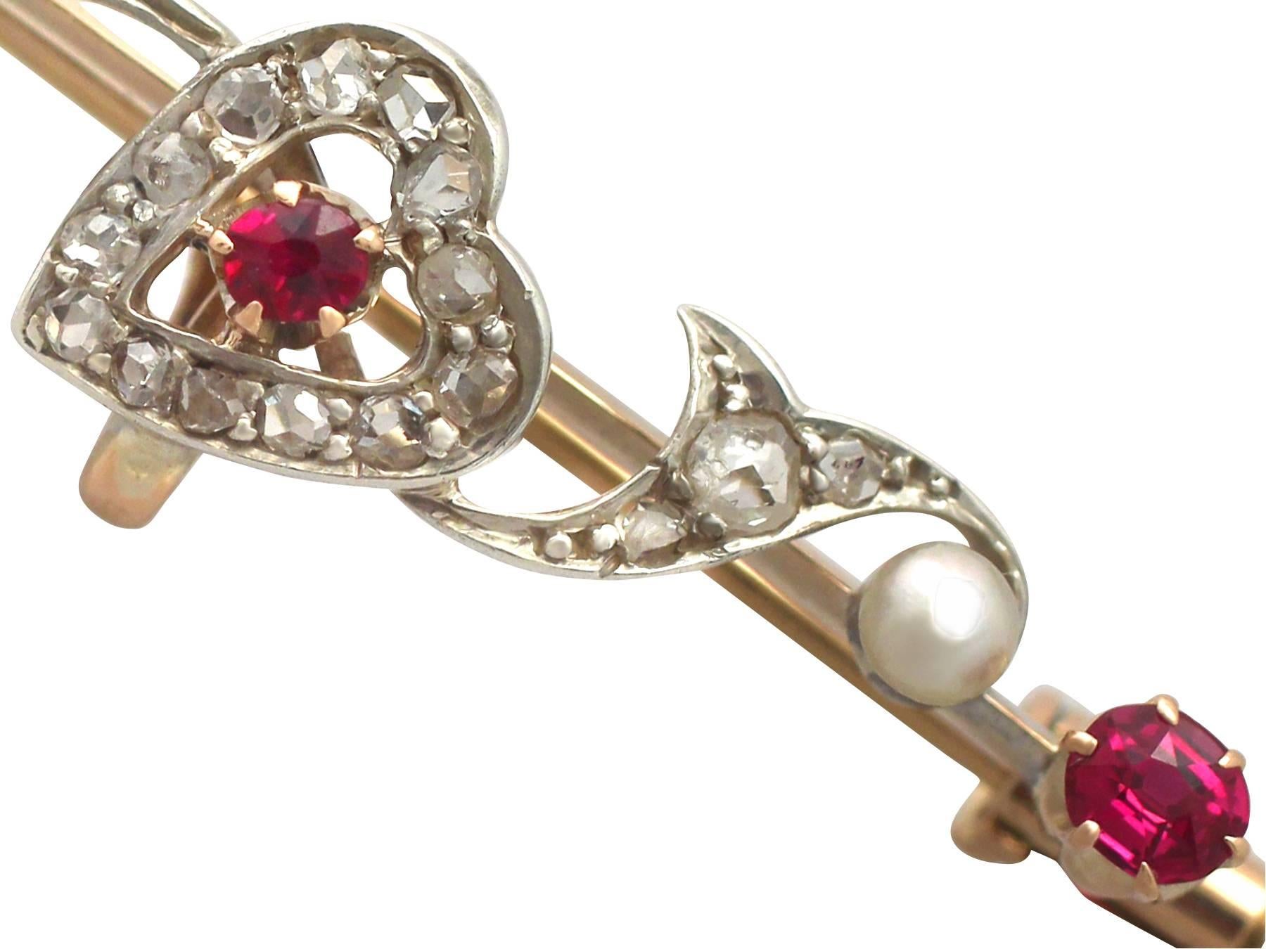 0.52Ct Ruby & 0.29Ct Diamond, Pearl & 14k Yellow Gold Brooch - Antique Victorian In Excellent Condition In Jesmond, Newcastle Upon Tyne