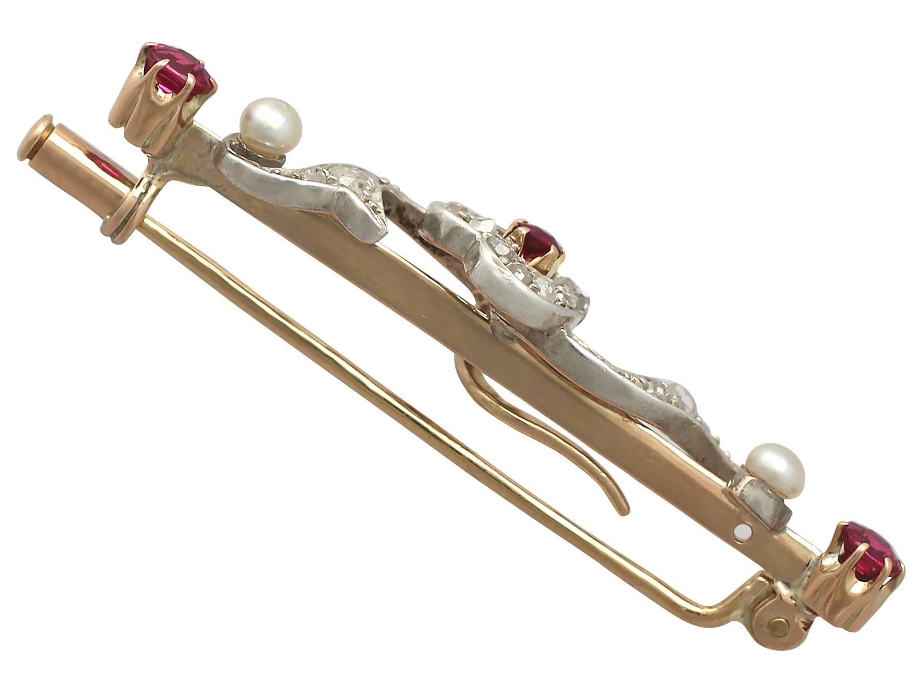 Women's 0.52Ct Ruby & 0.29Ct Diamond, Pearl & 14k Yellow Gold Brooch - Antique Victorian