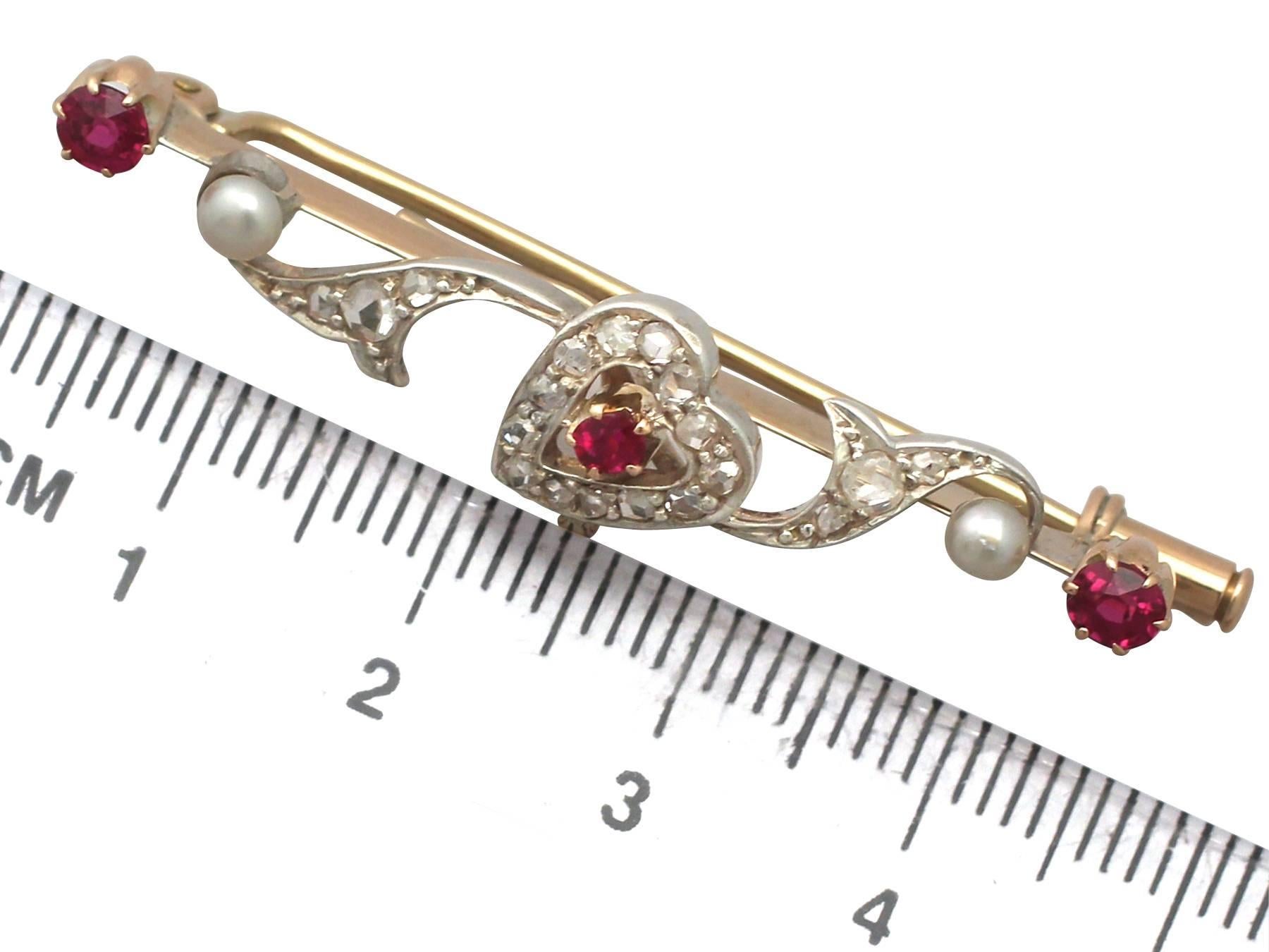 0.52Ct Ruby & 0.29Ct Diamond, Pearl & 14k Yellow Gold Brooch - Antique Victorian 3