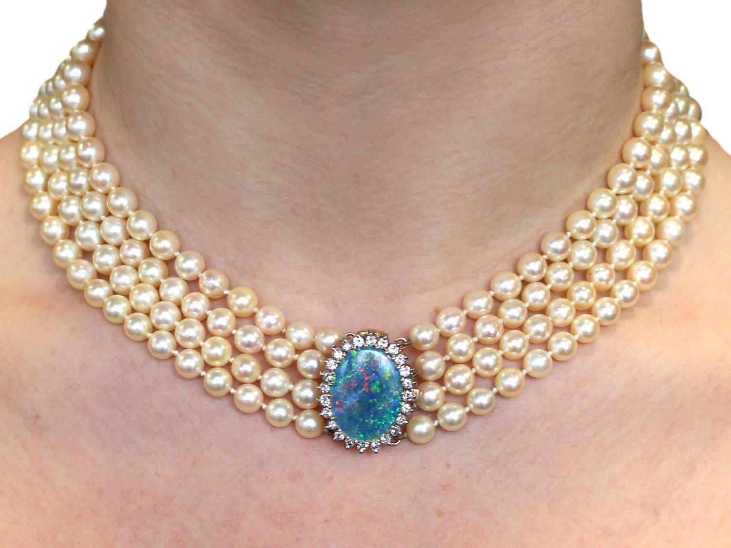 Four Strand Pearl Opal Diamond Gold Necklace at 1stdibs