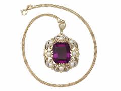 Pearl, 16.18 ct Amethyst, 0.10 ct Diamond and 14k Yellow Gold Pendant