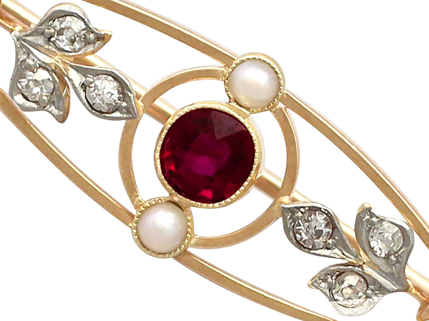 A fine and impressive 0.34 carat natural ruby and 0.18 carat diamond, seed pearl and 9 carat yellow gold brooch with a platinum setting; part of our diverse antique jewellery and estate jewelry collections

This fine and impressive antique brooch