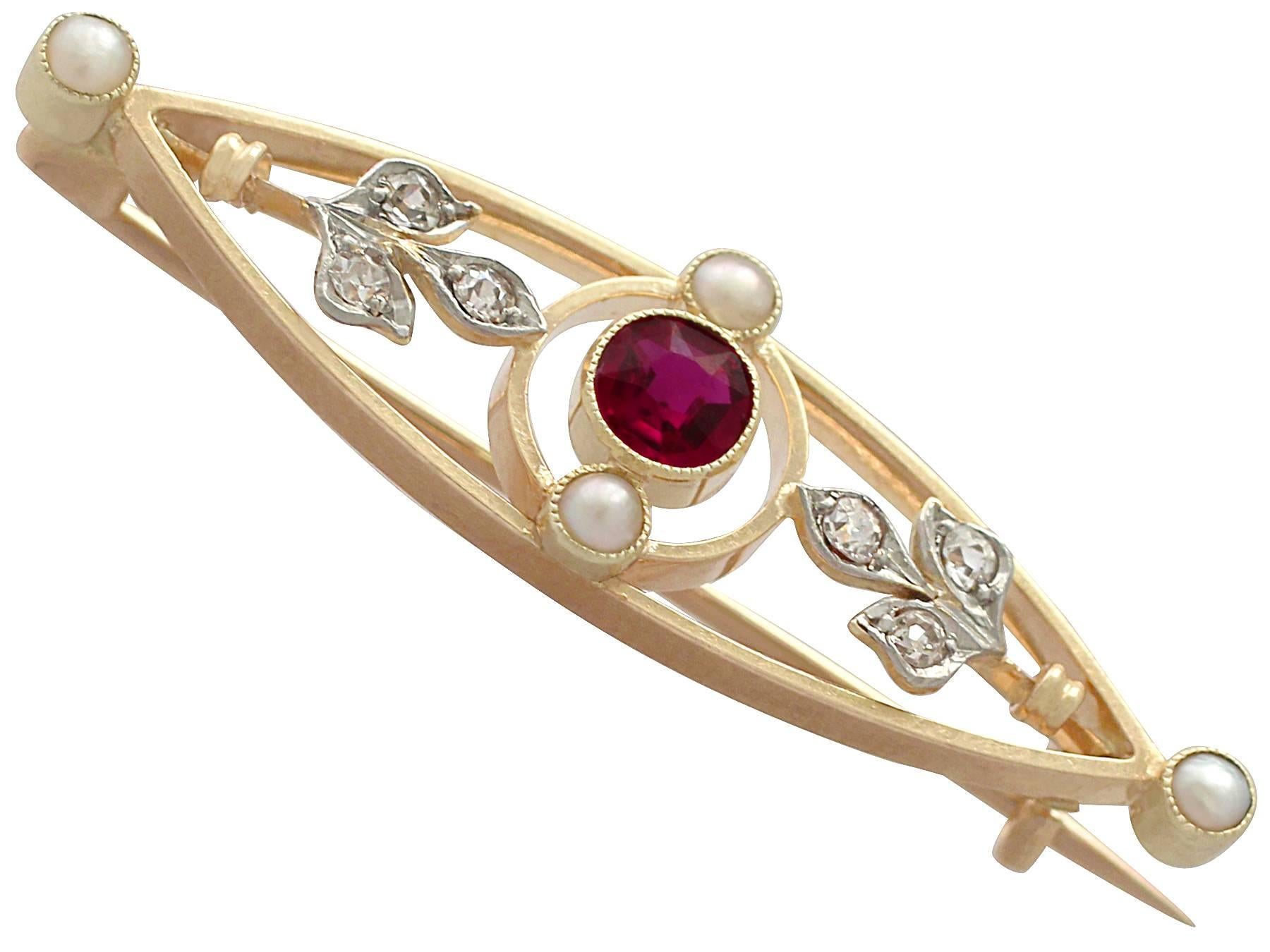 Women's Pearl, 0.34 ct Ruby and 0.18 ct Diamond and 9k Yellow Gold Brooch