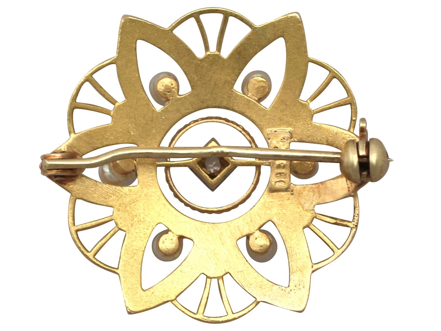 1890s Seed Pearl and Diamond, 14k Yellow Gold Brooch 1