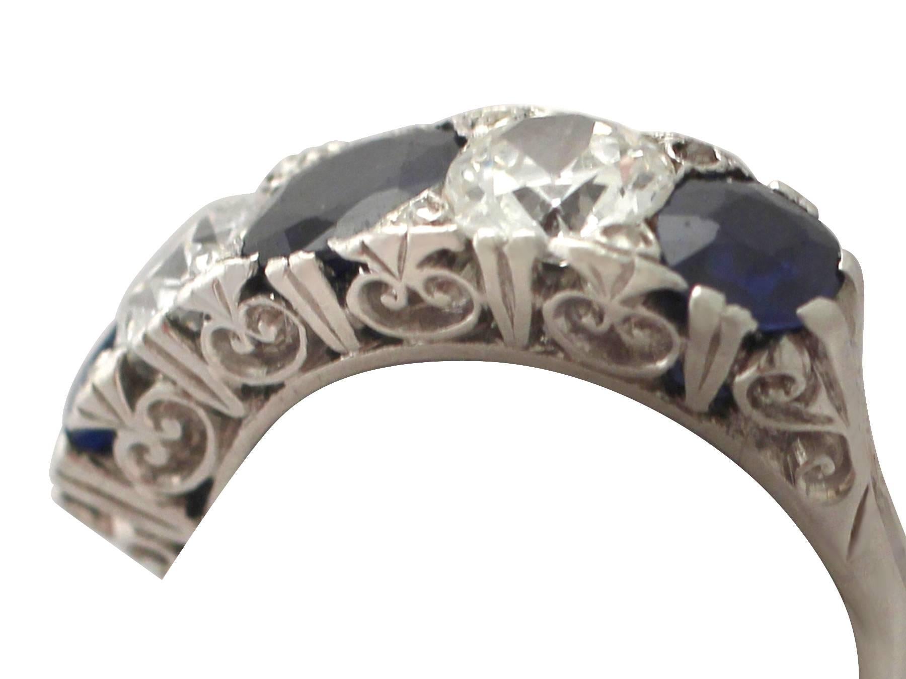 2.15Ct Sapphire & 1.94Ct Diamond, Platinum Five Stone Ring - Vintage Circa 1940 In Excellent Condition In Jesmond, Newcastle Upon Tyne