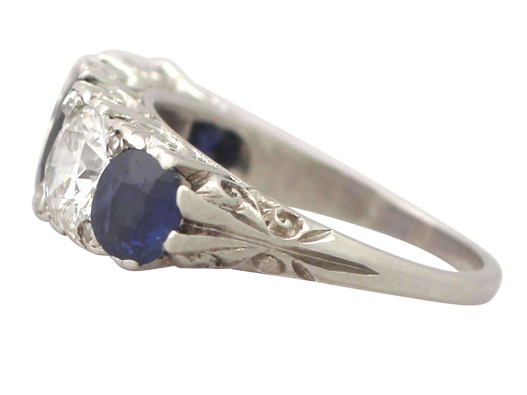 Women's 2.15Ct Sapphire & 1.94Ct Diamond, Platinum Five Stone Ring - Vintage Circa 1940