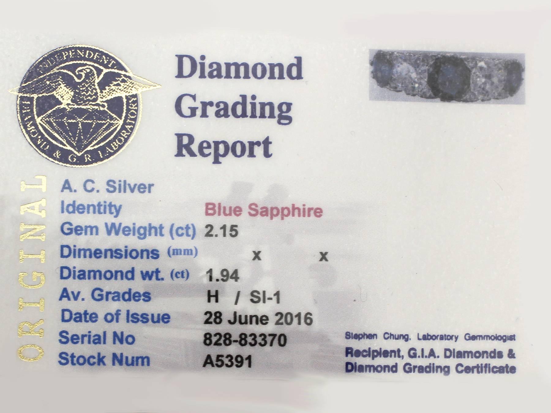 2.15Ct Sapphire & 1.94Ct Diamond, Platinum Five Stone Ring - Vintage Circa 1940 2
