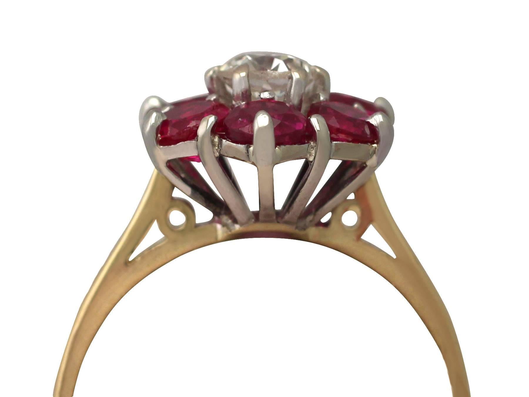 A stunning, fine and impressive vintage 1.45 carat ruby and 0.41 carat diamond, 18 karat yellow gold and 18 karat white gold set cluster / dress ring; part of our diverse vintage jewelry and estate jewelry collections

This stunning vintage ruby