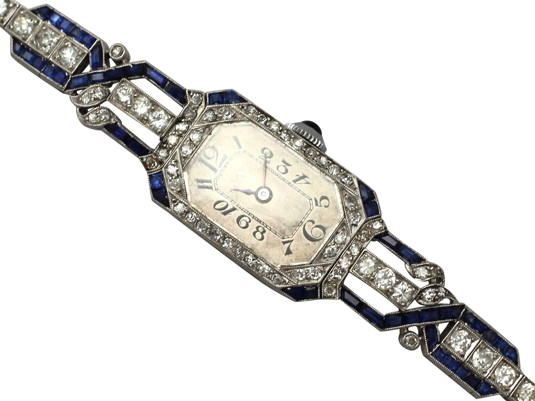 A stunning, fine and impressive antique 3.43 carat diamond and 0.80 carat sapphire, Art Deco cocktail watch in platinum; part of our antique watch, diamond jewellery and estate jewelry collections.

This stunning antique 1930's cocktail watch has