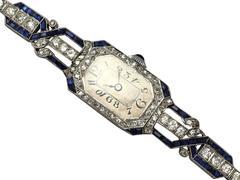 Art Deco Ladies Platinum Diamond Sapphire Manual Wristwatch circa 1930s