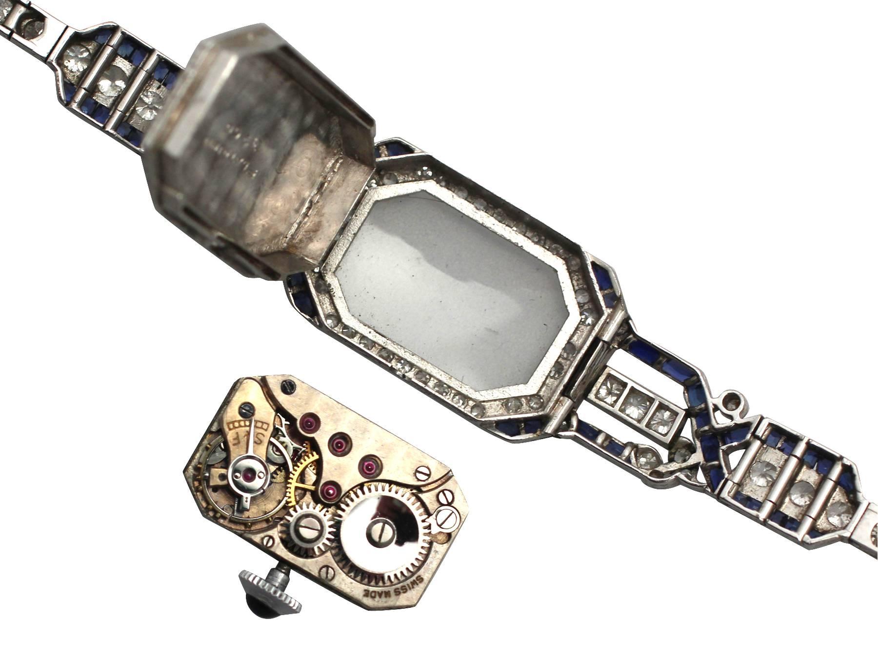 Art Deco Ladies Platinum Diamond Sapphire Manual Wristwatch circa 1930s 2