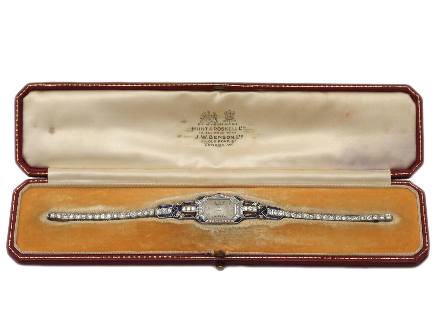 Art Deco Ladies Platinum Diamond Sapphire Manual Wristwatch circa 1930s 4